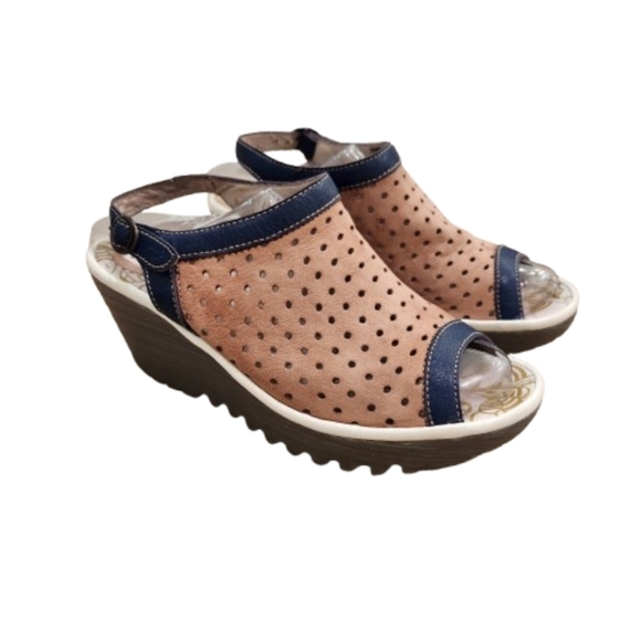 Fly London Yuti Wedge Peep Toe Perforated Sandal Suede ,Tan/Navy ,38 US Womens 7 - Picture 2 of 10